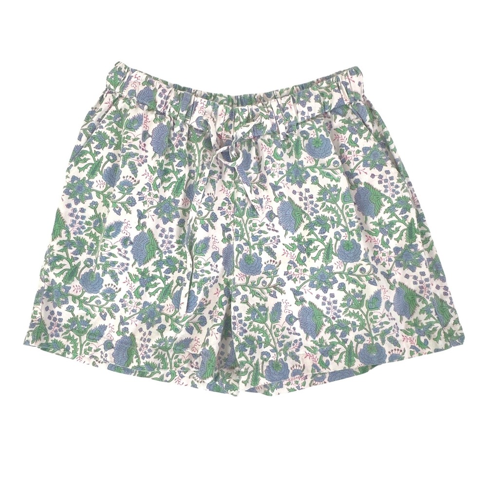 SZ Blockprints Floral Block Print Shorts Blue Green Cotton M